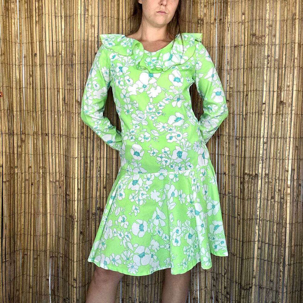 Vintage 1960s Sears Fashions Lime Green Floral Drop Waist Shift Dress Mod